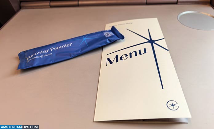 eurostar premier service - towel and printed menu