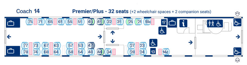 Eurostar E320 seat map coach 14 showing seat numbers and solo seats