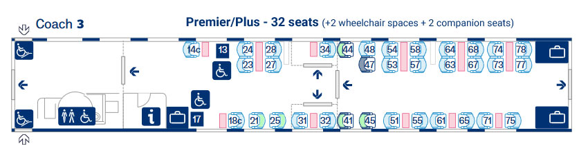 Eurostar E320 seat map coach 3 showing seat numbers and solo seats