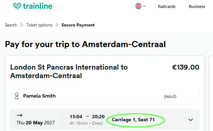 trainline booking - eurostar seat reservation