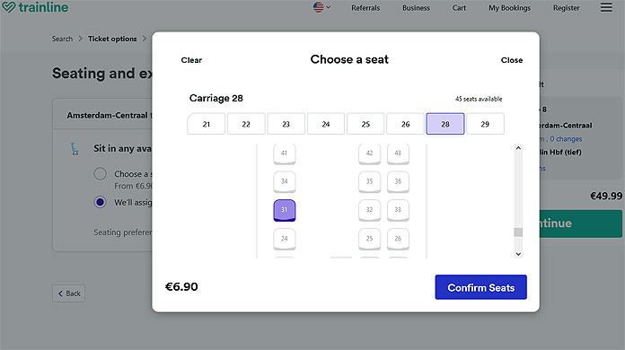 trainline - choose a seat on ice train