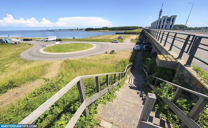 Steps and car park at the Houtribsluisbrug, Lelystad